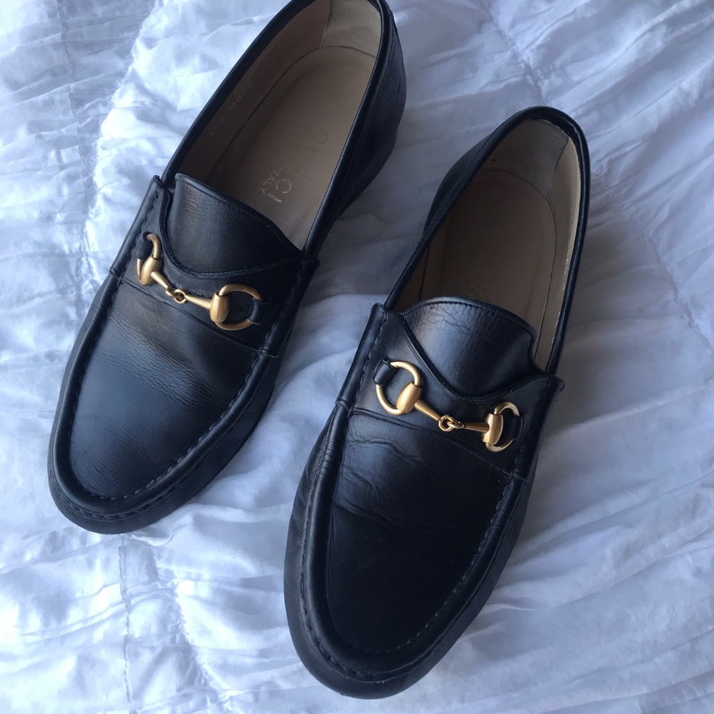 GUCCI LOAFERS BLACK LEATHER GOLD HORSEBIT 6.5